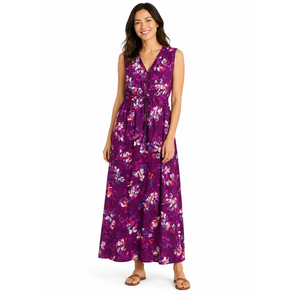 Eddie Bauer Purple Floral Cotton Sleeveless Maxi‎ Dress Womens Size 10